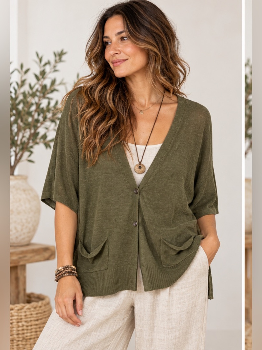 Eileen Fisher Olive Green Minimalist Coastal V-Neck Short Sleeve Cardigan Top XL